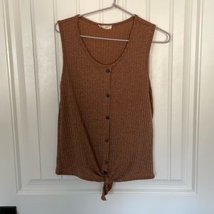 Women’s lightweight woven brown button-down sleeveless top with tie closure